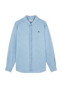Lichtblauwer denim shirt met lange mouwen, knoopsluiting aan de voorkant en een klassieke kraag. Heeft een klein zwart geborduurd logo op de borst.
