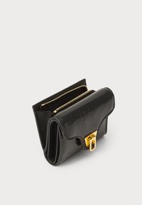 Black leather wallet with a shiny finish, featuring a gold-tone clasp, a zippered compartment, and an accordion-style design.
