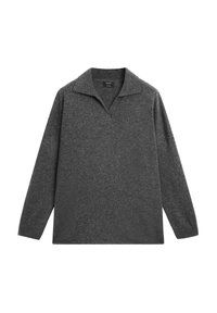 Grijze, langemouwen pullover met een V-hals, gemaakt van textuurstof. Heeft een relaxed fit en minimale details.