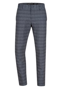 Herren Slim-Fit graue Karohosen mit Knopfverschluss und Seitentaschen, Größe 32, geeignet für formelle Anlässe oder Bürokleidung.