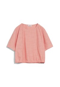 Top corto a maniche corte a righe rosse e bianche, realizzato in tessuto leggero, con scollatura rotonda e orlo arricciato.