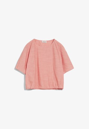 Rød og hvidstripet kortærmet cropped top lavet af letvægtsstof med en rund halsudskæring og en draperet kanten.