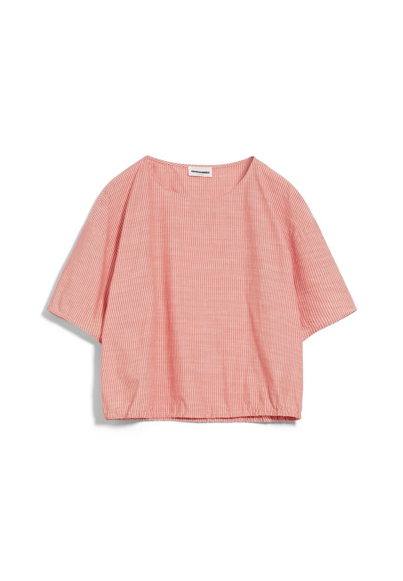 Top corto a maniche corte a righe rosse e bianche, realizzato in tessuto leggero, con scollatura rotonda e orlo arricciato.