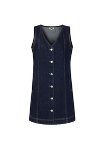 Robe en denim avec un décolleté en V, à sans manches, fermeture à boutons sur le devant, deux poches latérales, couleur bleu foncé et coutures contrastantes orange.