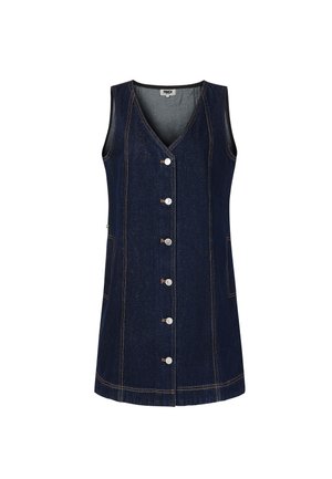 Denim jurk met een v-hals, mouwloos ontwerp, sluiting met knopen aan de voorkant, twee zijzakken, donkerblauwe kleur en contrasterende oranje stiksels.