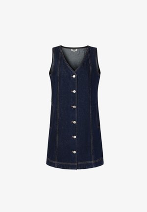 Denim jurk met een v-hals, mouwloos ontwerp, sluiting met knopen aan de voorkant, twee zijzakken, donkerblauwe kleur en contrasterende oranje stiksels.