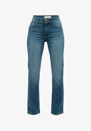 Blaue Denim-Jeans mit geradem Beinansatz, ausgestattet mit einem hohen Bund, Gürtelschlaufen sowie Front- und Gesäßtaschen. Minimale Nähte.