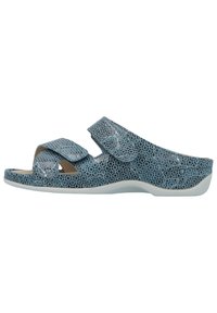 Blue patterned slide sandals with two adjustable Velcro straps, a contoured footbed, and a white outsole for comfort and support.