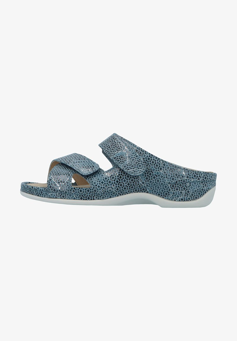 Blue patterned slide sandals with two adjustable Velcro straps, a contoured footbed, and a white outsole for comfort and support.
