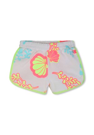 Shorts blancs à taille élastique avec bordure vert néon, ornés de motifs de coquillages roses et jaunes ainsi que de corail, avec des touches d'algues bleues.
