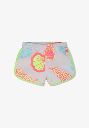 Shorts blancs à taille élastique avec bordure vert néon, ornés de motifs de coquillages roses et jaunes ainsi que de corail, avec des touches d'algues bleues.