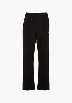 Black sweatpants made of soft fabric, featuring an elastic waistband, straight legs, and subtle side seams. Brand logo embroidered on front.