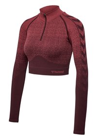 Crop top manches longues dégradé bordeaux et rose avec fermeture éclair au quart, manches à motifs et logo Hummel sur la ceinture.
