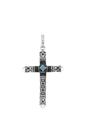 Silver cross pendant with black and blue decorative stones and intricate patterns, featuring geometric shapes and a loop for a chain.