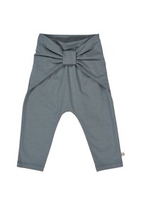 Gray leggings with a wide, structured waistband featuring a bow detail at the front. Made of soft, stretchy fabric with a smooth texture.