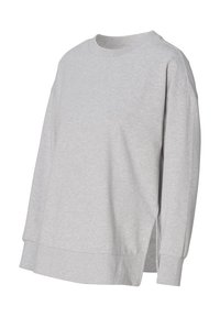 Grauer langärmliger Sweatshirt aus weichem Material, mit rundem Hals, seitlichen Schlitzen und gerippten Bündchen, die einen lockeren Sitz schaffen.