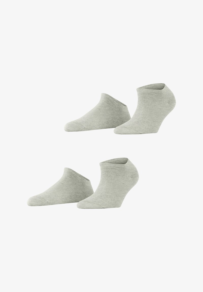 Dwie pary jasno szarych skarpetek niskich do kostek wyeksponowane na białym tle, pokazujące zarówno lewą, jak i prawą stronę.