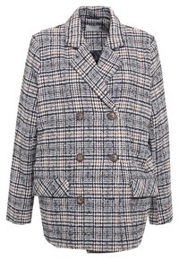 Černý, bílý a hnědý kašm�írový dvouřadový kabát s dvěma knoflíky, klopami a předními kapsami. Vyrobeno z texturované látky.