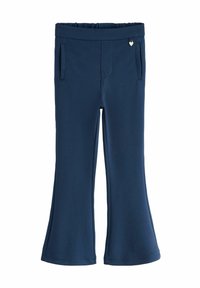 Marineblauwe flared broek van zachte stof, met een elastische tailleband, twee zijzakken en een kleine zilveren hartaccent.
