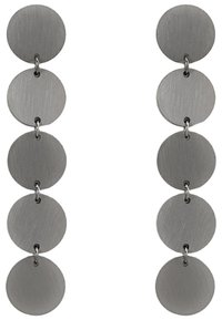 Lang hangende oorbellen met afwisselend gladde en geborstelde matte afwerkingen, met cirkelvormige metalen elementen in een uniforme grijze kleur.