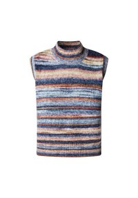 Stickad ärmlös topp med hög krage; har flerfärgade horisontella ränder i blått, beige och rost. Mjuk textur och avslappnad passform.