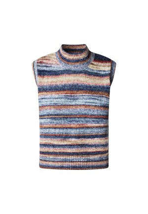 Gebreide mouwloze top met een hoge hals; heeft meerkleurige horizontale strepen in blauw, beige en roest. Zachte textuur en ontspannen pasvorm.