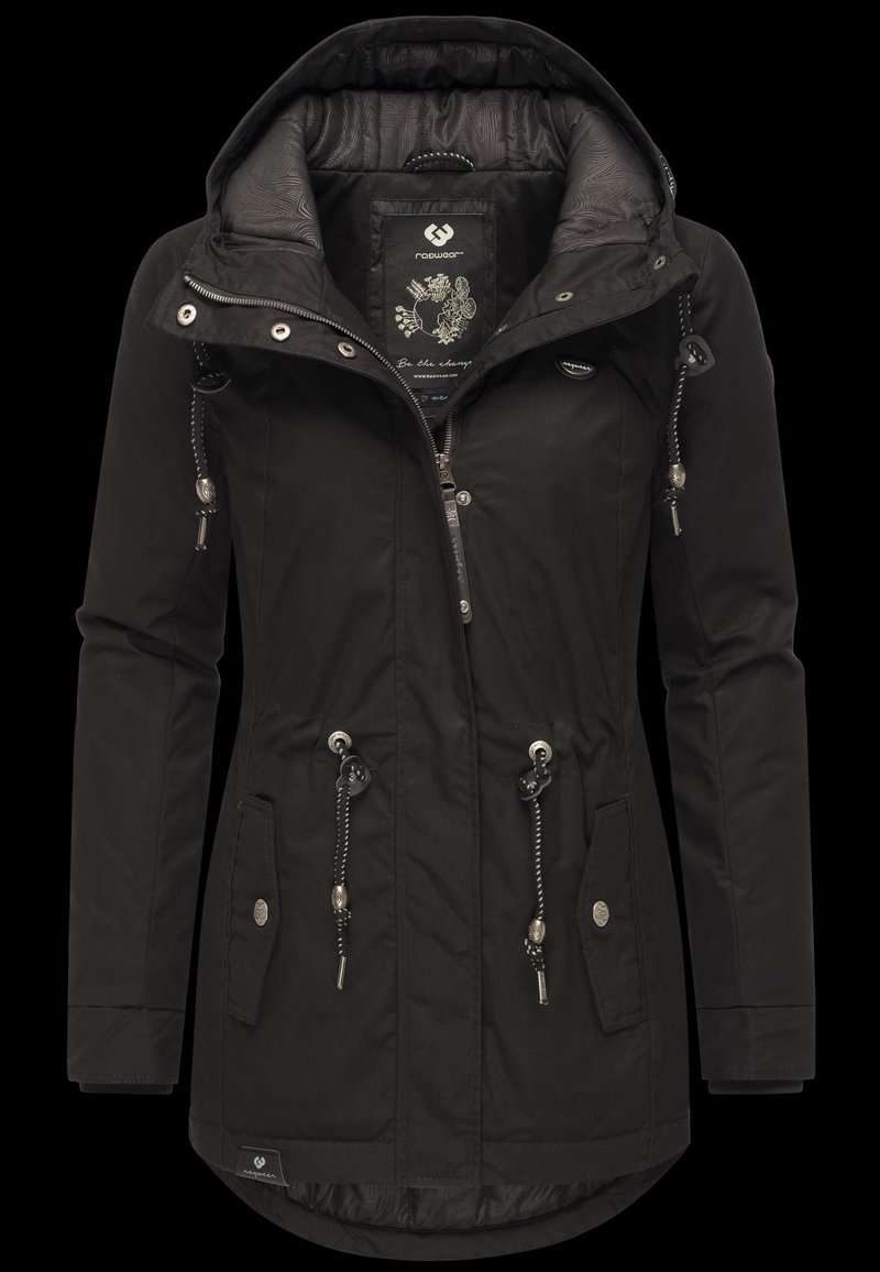 Veste noire à capuche pour femmes avec fermeture éclair frontale, cordons réglables à la taille et à la capuche, et poches à rabat boutonnées.