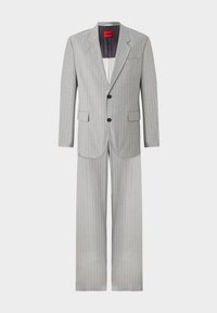 Gray pinstripe suit with a notched lapel jacket, two buttons, and matching wide-leg trousers. Made of smooth, lightweight fabric.