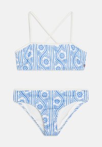 Bikiniset med ett blått blommönster och randigt mönster på vit duk. Toppen har en kortad design med korsade band.