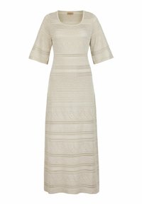 Krämfärgad klänning med rundad halsringning, ärmar som går till armbågen och intrikata geometriska mönster. Tillverkad av stickad tyg med texturerade detaljer.