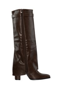 Donkerbruine leren laars tot aan de knie met een zijrits en een lage blokhak, gladde textuur en een afgeronde neus.