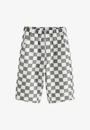 Zwart-witte geblokte shorts met een elastische tailleband, twee zijzakken en een rechte snit. De stof lijkt glad met een lichte textuur.