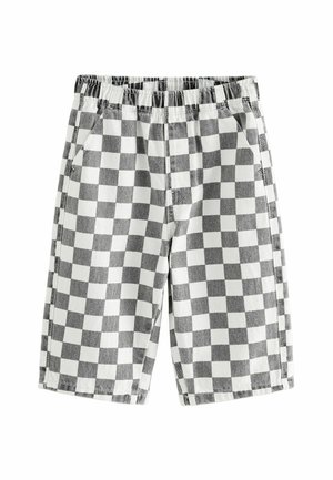 Shorts à carreaux avec une taille élastique, présentant un motif noir et blanc audacieux, en tissu léger et dotés de deux poches latérales.