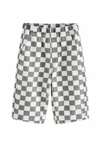 Shorts à carreaux noir et blanc avec une taille élastique, deux poches latérales et une coupe droite. Le tissu semble lisse avec une texture légère.