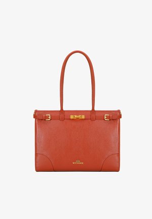 Borsa tote in pelle rossa con superficie testurizzata, dettagli in hardware dorato e due manici. Presenta una chiusura a chiave e il logo del marchio nella parte inferiore.