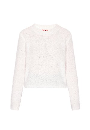 Pull blanc et duveteux avec un col rond et des manches longues. Le tissu a un tricot doux et texturé. L'ourlet est légèrement côtelé pour un ajustement parfait.