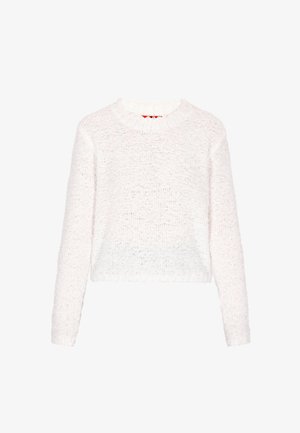 Wit, fluffige trui met een ronde hals en lange mouwen. De stof heeft een zachte, gestructureerde brei. De zoom is licht geribbeld voor een goede pasvorm.