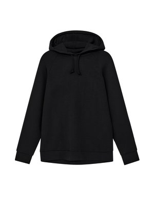 Mustapaita, joka on valmistettu pehmeästä kankaasta, jossa on naruhoode ja ribbaus hihansuissa. Malli on rento ja siinä on hieman pidempi helma.