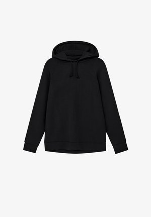 Mustapaita, joka on valmistettu pehmeästä kankaasta, jossa on naruhoode ja ribbaus hihansuissa. Malli on rento ja siinä on hieman pidempi helma.