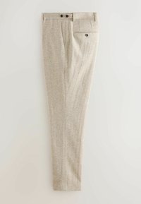 Beige tailored trousers made of textured fabric with a subtle pattern, featuring two front pockets and a single back pocket with button detail.