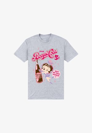 Szary t-shirt z krótkim rękawem z retro nadrukiem postaci, butelki napoju oraz tekstu w jasnoróżowym i białym kolorze, z gwiazdkami i akcentami.