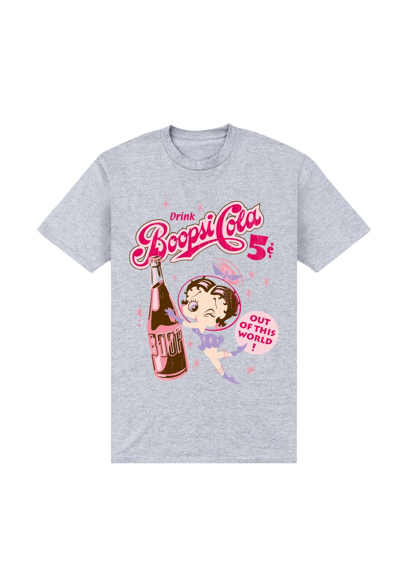 Camiseta gris de manga corta con un diseño retro de un personaje, una botella de refresco y texto en rosa brillante y blanco, con estrellas y acentos.