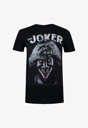 Schwarzes Baumwoll-T-Shirt mit einem Grafikdruck eines Joker-Charakters mit grünen Haaren und übertriebenen Gesichtszügen, bedruckt in Weiß, Rot und Grau.