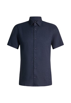 Dunkel marineblaues Herren-Kurzarmhemd mit Knopfleiste, spitzem Kragen und subtiler Struktur, auf weißem Hintergrund dargestellt.