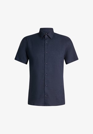 Dunkel marineblaues Herren-Kurzarmhemd mit Knopfleiste, spitzem Kragen und subtiler Struktur, auf weißem Hintergrund dargestellt.