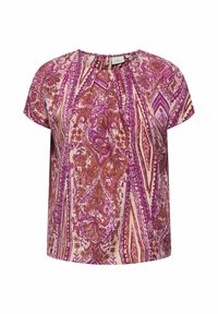 Short-sleeve blouse in a lightweight fabric, featuring a pink and purple paisley pattern with vertical stripes and pleated neckline detail.