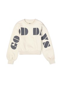 Crème-kleurige sweatshirt met grijze blokletters die "GOOD DAYS" spellen. Heeft een cropped ontwerp en gepofte lange mouwen. Zachte textuur.