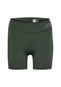 Grüne Sportshorts mit glatter Textur, figurbetontem Schnitt und breitem Bund, der den Markennamen "Hummel" in Weiß zeigt.