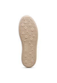 Suola di scarpa in gomma color tan con motivi di battistrada circolari e ovali, caratterizzata da un bordo a zigzag e un logo impresso al centro.