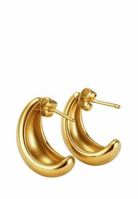 Gouden tone hoepel oorbellen met een gladde, glanzende afwerking, halve maanshape en een post sluiting. Ronde accenten nabij de post.